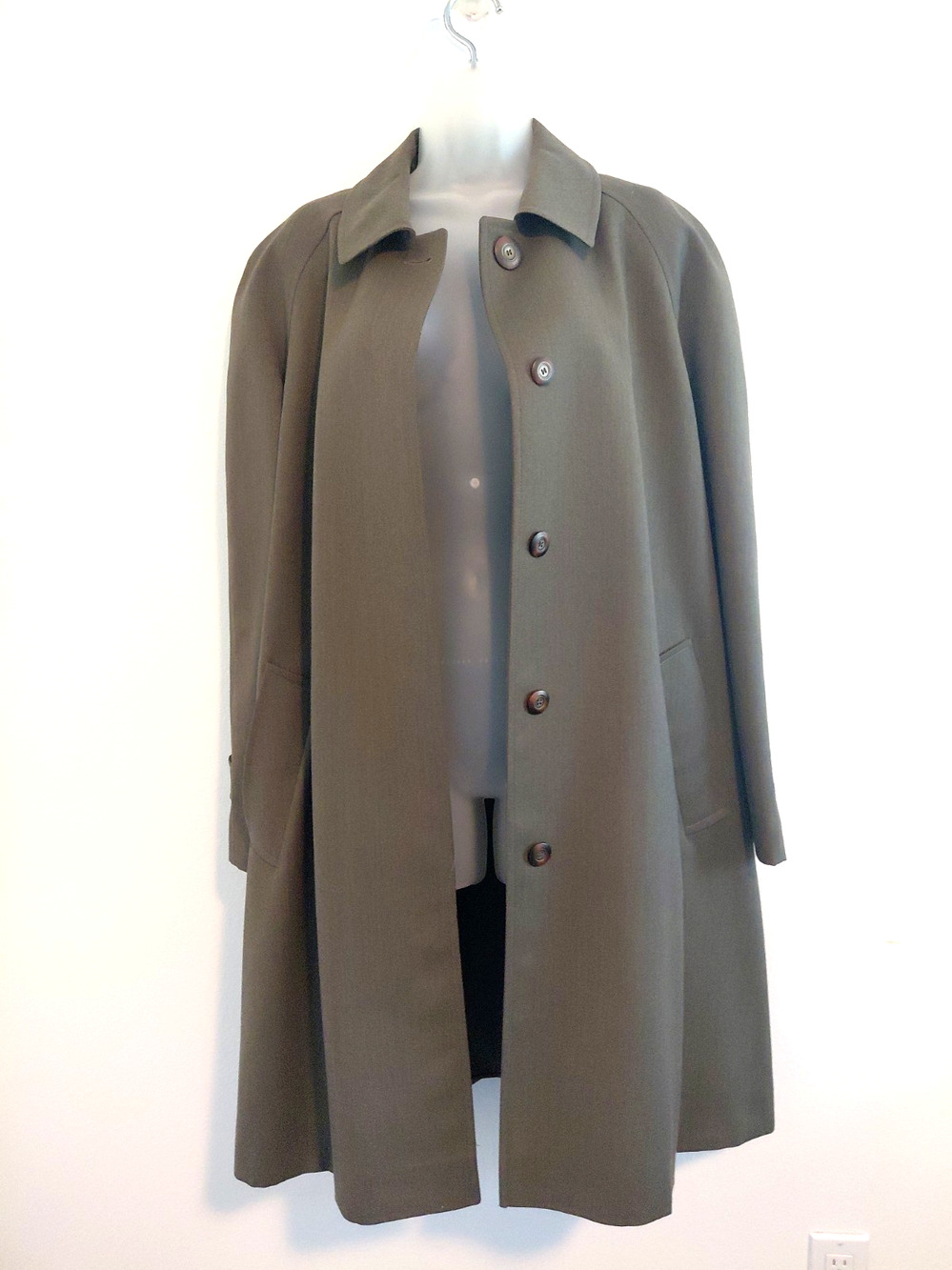 VTG Holt Renfrew "Samuel" Women Overcoat Green 12 Elevated Clean Closure Wool
